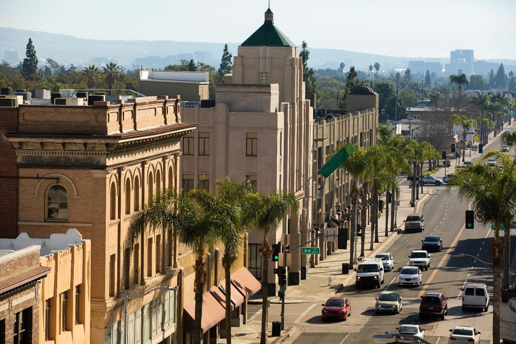 Aerial view of a street in the historic downtown of Santa Ana, California